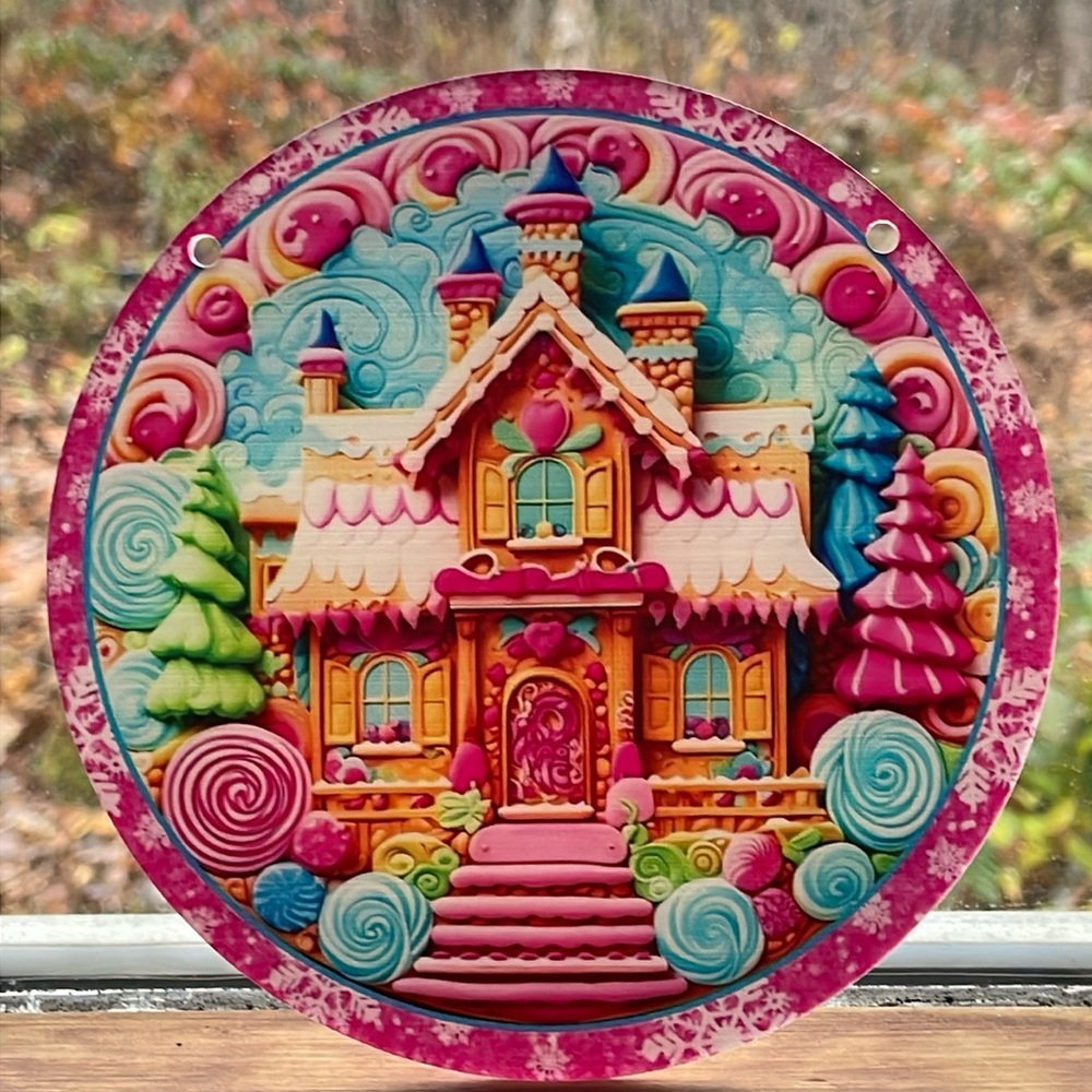 Suncatcher Gingerbread Christmas Holiday Pink Victorian House Acrylic Decor 6”